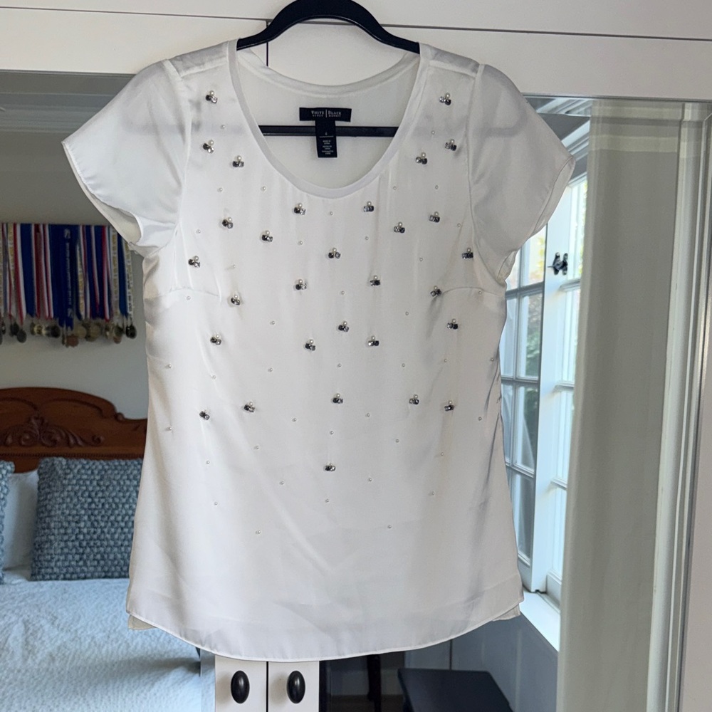 White House Black Market White Short-Sleeve Embellished Scoop Neck Blouse